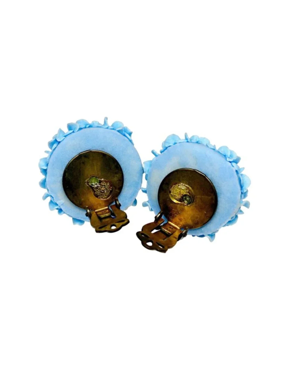 Vintage Carnation Clip‑On Earrings - Blue Resin Florals - 1¼" Diameter - Picture 5 of 5